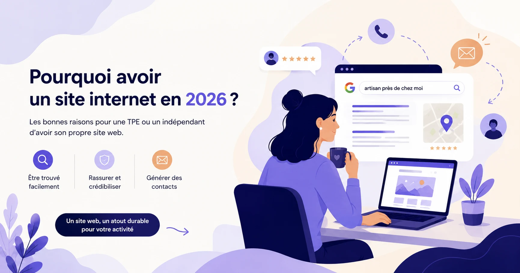 Pourquoi avoir un site internet en 2026 : illustration d'une TPE ou d'un indépendant utilisant son site web pour être visible sur Google et développer son activité.
