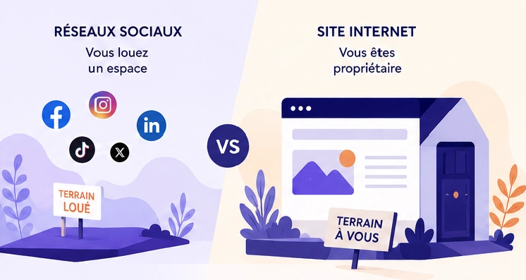 Illustration de la place du site internet et des réseaux sociaux dans sa communication digitale en 2026